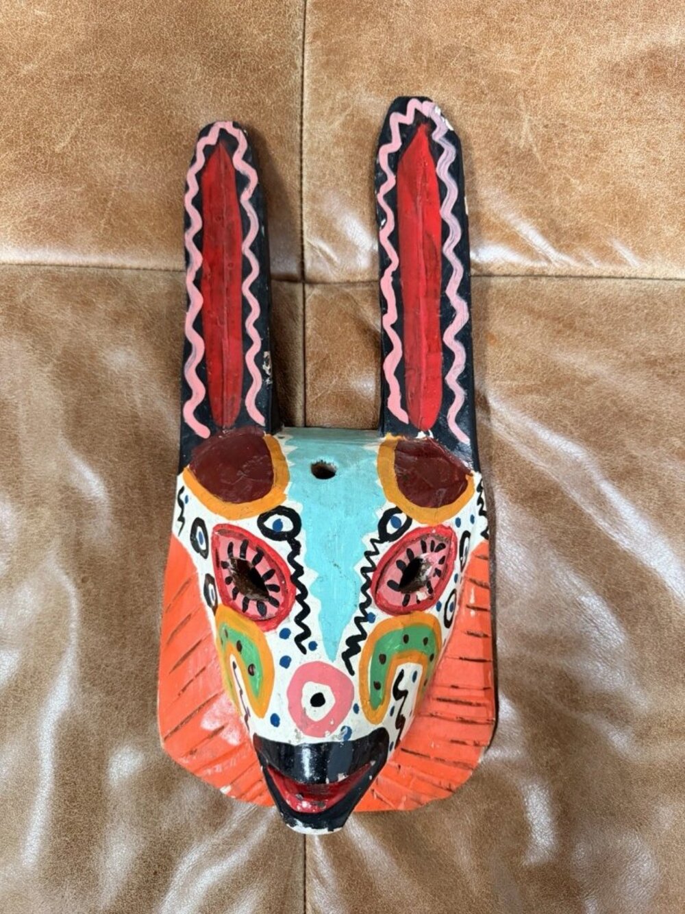 Hand-Carved Painted Wooden Animal Mask Mexican Style Folk Art Wall Decor